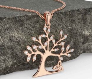 Diamond Rose Gold Silver Celtic Tree of Life Trinity Knot Necklace