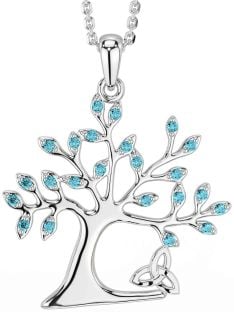 Aquamarine Silver Celtic Tree of Life Trinity Knot Necklace