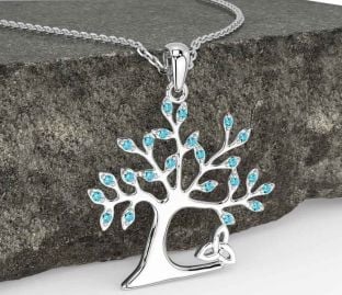 Aquamarine Silver Celtic Tree of Life Trinity Knot Necklace