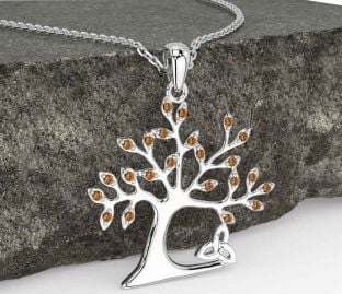 Citrine Silver Celtic Tree of Life Trinity Knot Necklace