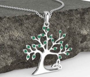 Emerald Silver Celtic Tree of Life Trinity Knot Necklace