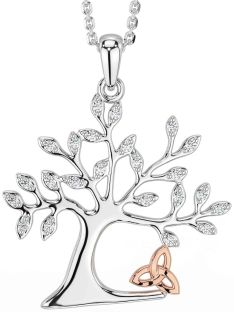 Diamond Rose Gold Silver Celtic Tree of Life Trinity Knot Necklace