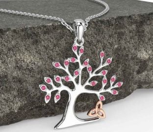 Pink Tourmaline Rose Gold Silver Celtic Tree of Life Trinity Knot Necklace