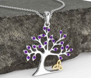 Amethyst Gold Silver Celtic Tree of Life Trinity Knot Necklace