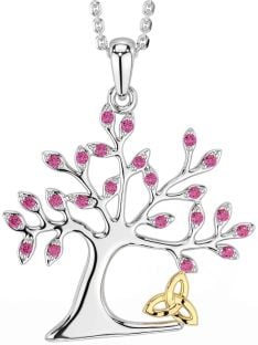 Pink Tourmaline Gold Silver Celtic Tree of Life Trinity Knot Necklace