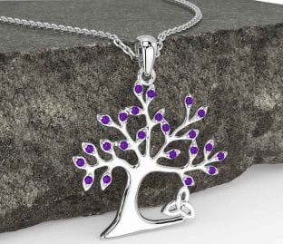 Amethyst White Gold Celtic Tree of Life Trinity Knot Necklace