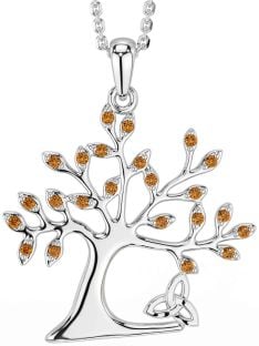 Citrine White Gold Celtic Tree of Life Trinity Knot Necklace