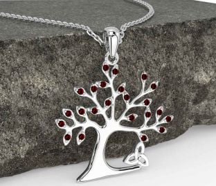 Garnet White Gold Celtic Tree of Life Trinity Knot Necklace