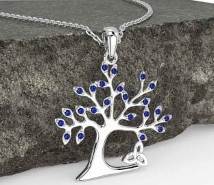 Sapphire White Gold Celtic Tree of Life Trinity Knot Necklace