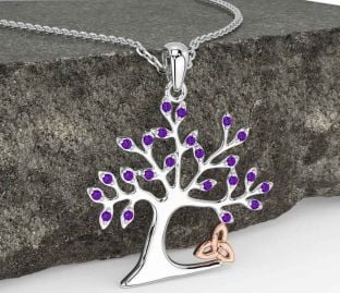Amethyst White Rose Gold Celtic Tree of Life Trinity Knot Necklace