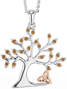 Citrine White Rose Gold Celtic Tree of Life Trinity Knot Necklace
