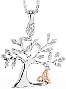 Diamond White Rose Gold Celtic Tree of Life Trinity Knot Necklace