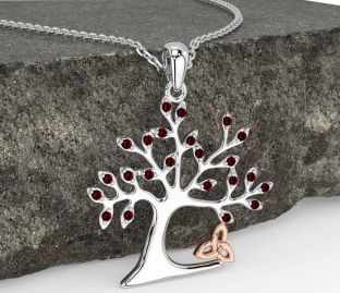 Garnet White Rose Gold Celtic Tree of Life Trinity Knot Necklace