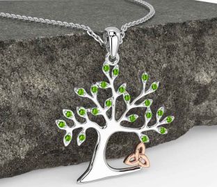 Peridot White Rose Gold Celtic Tree of Life Trinity Knot Necklace
