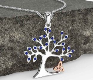 Sapphire White Rose Gold Celtic Tree of Life Trinity Knot Necklace