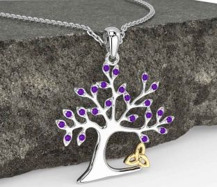 Amethyst White Yellow Gold Celtic Tree of Life Trinity Knot Necklace