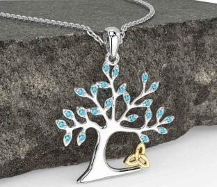 Aquamarine White Yellow Gold Celtic Tree of Life Trinity Knot Necklace
