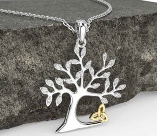 Diamond White Yellow Gold Celtic Tree of Life Trinity Knot Necklace
