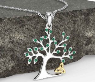 Emerald White Yellow Gold Celtic Tree of Life Trinity Knot Necklace