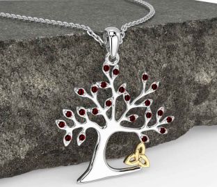 Garnet White Yellow Gold Celtic Tree of Life Trinity Knot Necklace