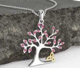 Pink Tourmaline White Yellow Gold Celtic Tree of Life Trinity Knot Necklace