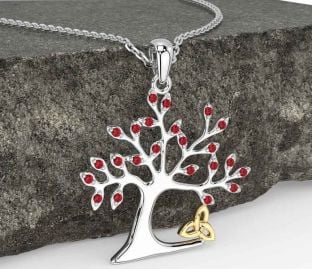 Ruby White Yellow Gold Celtic Tree of Life Trinity Knot Necklace
