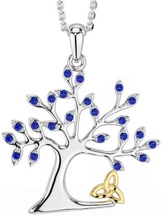 Sapphire White Yellow Gold Celtic Tree of Life Trinity Knot Necklace