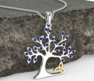 Sapphire White Yellow Gold Celtic Tree of Life Trinity Knot Necklace