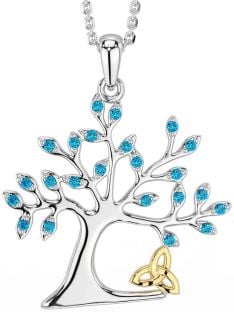 Topaz White Yellow Gold Celtic Tree of Life Trinity Knot Necklace