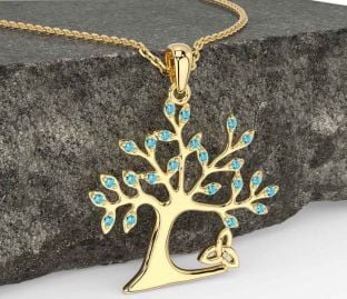 Aquamarine Gold Celtic Tree of Life Trinity Knot Necklace