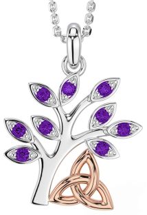 Amethyst Rose Gold Silver Celtic Tree of Life Trinity Knot Necklace