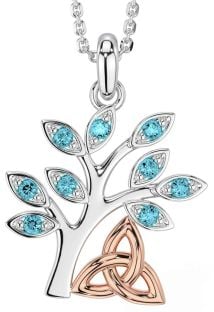 Aquamarine Rose Gold Silver Celtic Tree of Life Trinity Knot Necklace