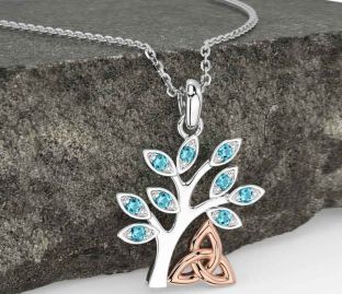 Aquamarine Rose Gold Silver Celtic Tree of Life Trinity Knot Necklace
