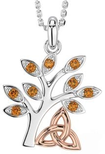 Citrine Rose Gold Silver Celtic Tree of Life Trinity Knot Necklace