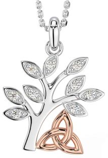 Diamond Rose Gold Silver Celtic Tree of Life Trinity Knot Necklace