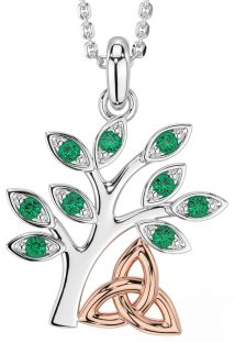 Emerald Rose Gold Silver Celtic Tree of Life Trinity Knot Necklace