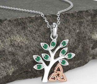 Emerald Rose Gold Silver Celtic Tree of Life Trinity Knot Necklace