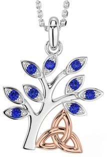 Sapphire Rose Gold Silver Celtic Tree of Life Trinity Knot Necklace