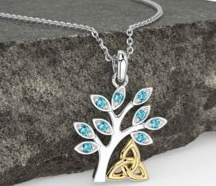 Aquamarine Gold Silver Celtic Tree of Life Trinity Knot Necklace