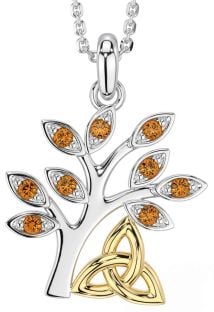 Citrine Gold Silver Celtic Tree of Life Trinity Knot Necklace