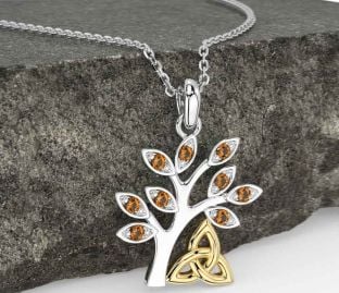 Citrine Gold Silver Celtic Tree of Life Trinity Knot Necklace