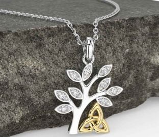 Diamond Gold Silver Celtic Tree of Life Trinity Knot Necklace