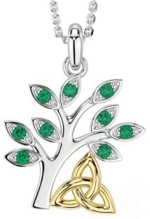 Emerald Gold Silver Celtic Tree of Life Trinity Knot Necklace