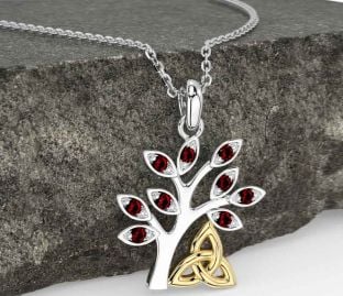 Garnet Gold Silver Celtic Tree of Life Trinity Knot Necklace