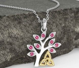Pink Tourmaline Gold Silver Celtic Tree of Life Trinity Knot Necklace