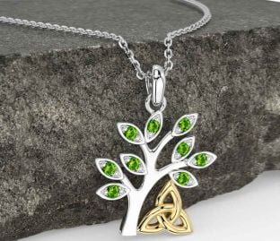 Peridot Gold Silver Celtic Tree of Life Trinity Knot Necklace