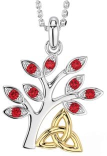 Ruby Gold Silver Celtic Tree of Life Trinity Knot Necklace