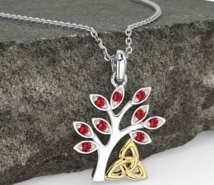 Ruby Gold Silver Celtic Tree of Life Trinity Knot Necklace
