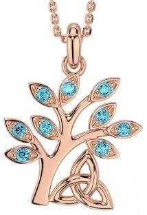 Aquamarine Rose Gold Silver Celtic Tree of Life Trinity Knot Necklace