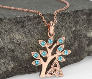 Aquamarine Rose Gold Silver Celtic Tree of Life Trinity Knot Necklace